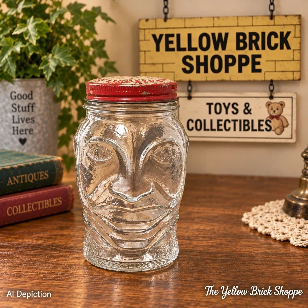 Vintage 1930s Nash Lucky Joe Glass Face Coin Bank Mustard Jar Original Lid